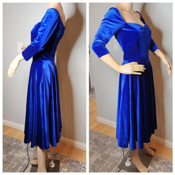 NWT Deadly Is The Female Blue Velvet On Off Shoulder Swing Dress Size UK 6/8 XS - Picture 7 of 16